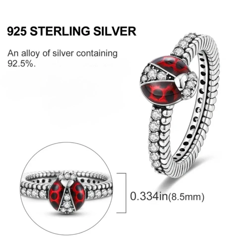 New Ladybug Ring Sz 6 S925 Solid Sterling Silver Red Enamel CZ Whimsical